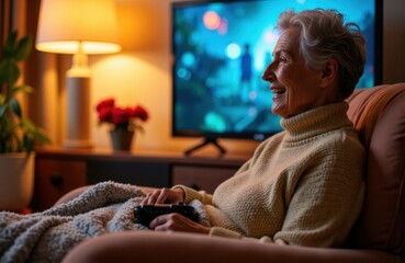 Obraz premium Senior woman relaxing on a sofa playing video games in a cozy living room