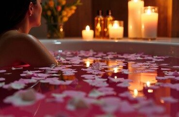 Woman relaxing in a candlelit bath scattered with pink flower petals and warm glow
