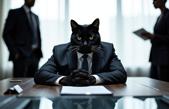 Cat in a tailored business suit sits at a conference table with a stern gaze