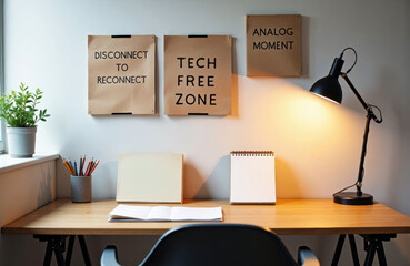 Desk setup with a clean workspace and motivational signs creating a tech free zone
