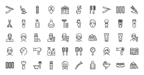 Beauty and barbershop line icon set. Vector pictograms of hair dryer, razor, comb, and styling products, thin linear illustration.