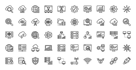 Fototapeta premium Big data and cloud computing line icon set. Vector pictograms of server, analysis, network, database, statistics, chart, connection, internet, thin linear illustration.