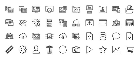 Web development and computing line icon set. Vector pictograms of browser windows, settings, cloud storage, and coding files, thin linear illustration.