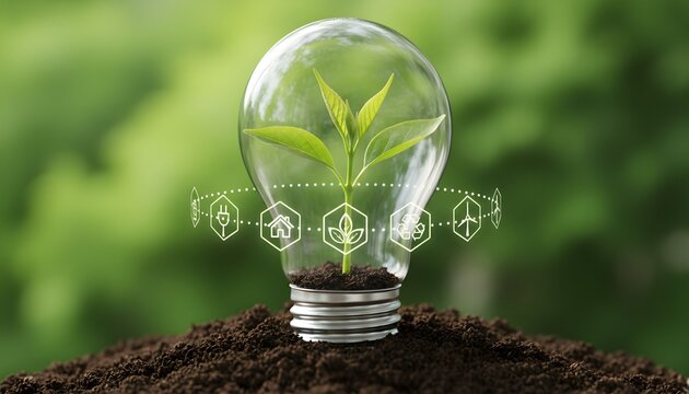 A light bulb with a green plant growing inside, surrounded by renewable energy icons, symbolizing eco-friendly power and sustainable development.