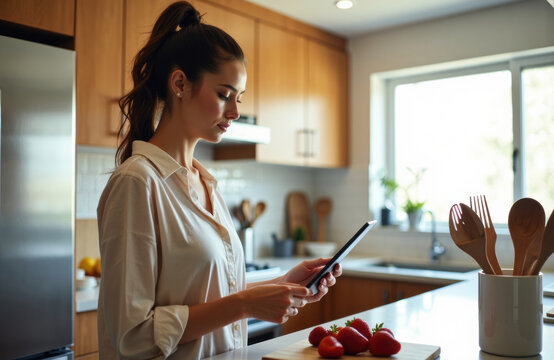 Woman using smartphone in a bright modern kitchen with natural light and produce