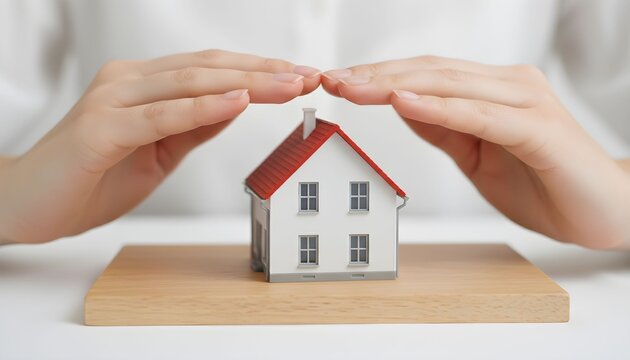 Hands protecting a miniature house, symbolizing home insurance and security. - Powered by Adobe
