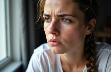 Woman gazing out a window with a pensive expression in natural light and gentle glow