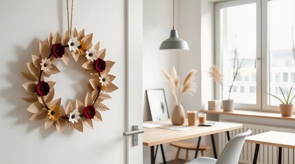Minimalist office door adorned with a handmade eco-friendly Christmas wreath made of paper and dried flowers, natural light streaming in, home decor concept of interior design business.