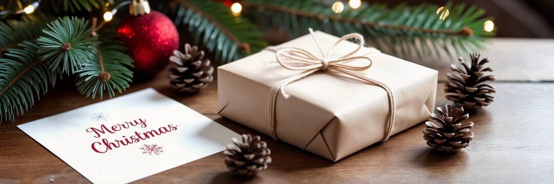 Eco-friendly Christmas gift wrapped in fabric with festive holiday card and pine cones on rustic table, concept of sustainable gifting