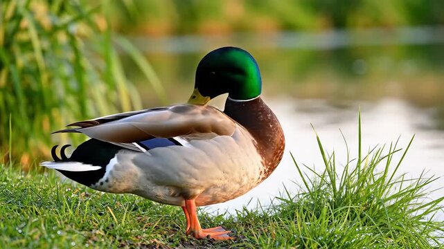 Mallard Duck Preening on Grassy Shoreline Near Water.