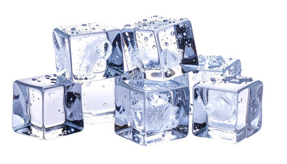A close-up view of a cluster of transparent ice cubes, arranged to appear stacked. Water droplets adorn each cube