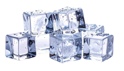 A close-up view of a cluster of transparent ice cubes, arranged to appear stacked. Water droplets adorn each cube