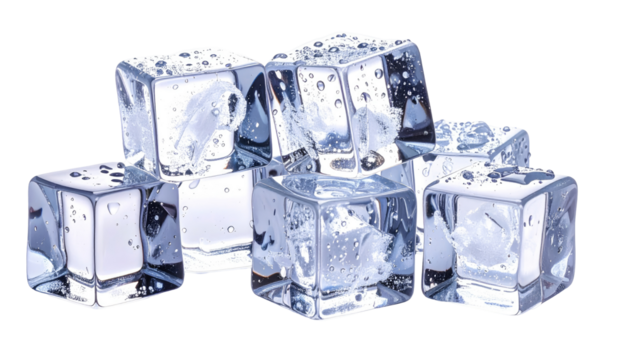 A close-up view of a cluster of transparent ice cubes, arranged to appear stacked. Water droplets adorn each cube