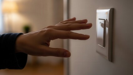 Naklejka premium Hand reaching to turn off light switch in home interior 