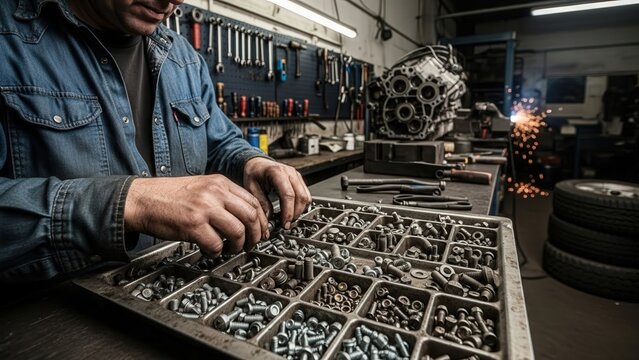 Mechanic sorting tools and parts while working in auto repair shop   - Powered by Adobe