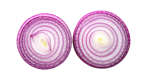 Overhead studio shot featuring two vibrant, cross-section views of red onion slices, displaying concentric rings with a stark black backdrop