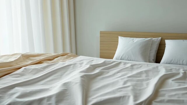 Sunlit morning unveils crisp, inviting bedroom with perfectly aligned pillows and soft curtains