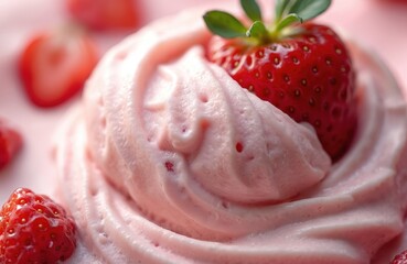 Close up delicious pink strawberry ice cream dessert. Fresh ripe whole strawberry with green leaves sits on top creamy swirl. Small strawberry pieces mixed in soft texture. Berries in soft focus
