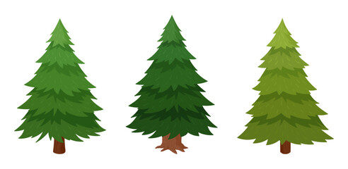 Naklejka premium Cartoon Christmas spruce. Traditional xmas fir trees, evergreen forest plants flat vector illustration set. Winter Holiday fir trees on white background