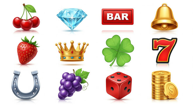 Realistic Bright Detailed Gambling Slot Machine Icons Collection Set Illustration