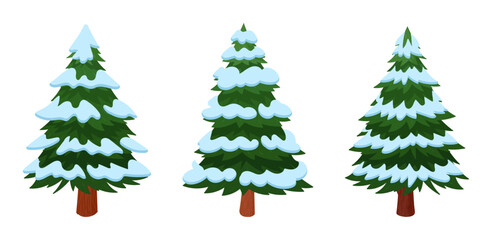 Fir trees covered with snow. Cartoon Christmas spruce, traditional xmas evergreen forest plants flat vector illustration set. Winter Holiday fir trees on white background