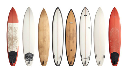 Seven diverse surfboards arranged horizontally against a solid black background, showcasing various shapes and colors
