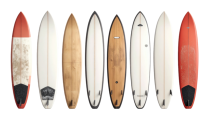 Seven diverse surfboards arranged horizontally against a solid black background, showcasing various shapes and colors