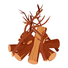Wood for campfire. Cartoon wooden logs for camping bonfire, fire wood, wood industry materials, stacked brushwood and firewood vector illustration. Wooden fireplace on white