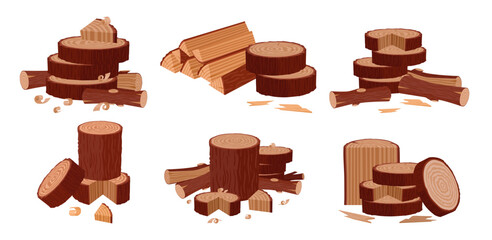 Wooden logs. Cartoon firewood piles and stacked bonfire firewoods, wood industry materials, stacked brushwood and firewood flat vector illustration set. Wooden fireplace collection on white