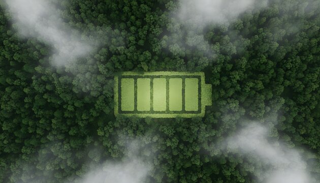 Aerial view of a forest with a battery symbol, representing sustainable energy and environmental consciousness.