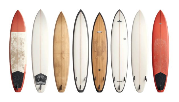 Seven diverse surfboards arranged horizontally against a solid black background, showcasing various shapes and colors