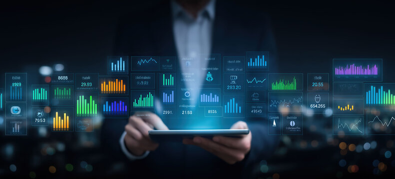 a businessman using tablet and checking digital stock market charts