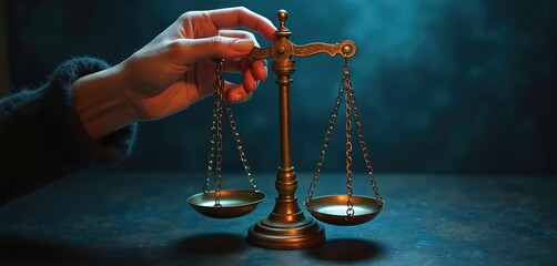 Hand holds antique brass balance scale. Symbol of justice or commerce, measuring weight or fairness. Represents legal decisions, financial transactions, and ethical choices in a dramatic light.