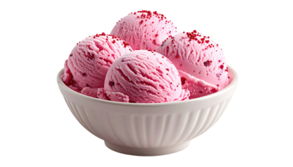 A close-up shot of a white bowl filled with four scoops of pink ice cream. It is topped with tiny red sprinkles