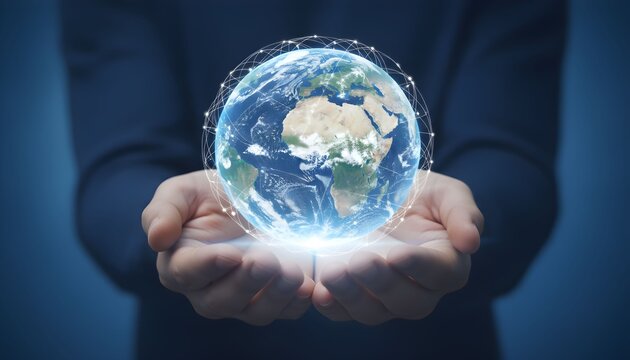 Hands holding a glowing digital Earth with connections, symbolizing global connectivity and technology.