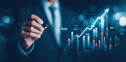 Business professional analyzing upward growth trends through futuristic holographic data visualization interface.