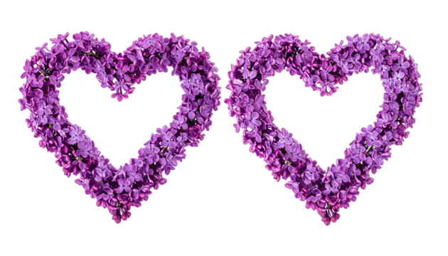 Two floral heart shapes, created with rich purple blossoms, arranged against a black background, representing love and romance - Powered by Adobe
