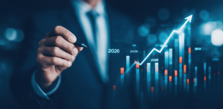 Business professional analyzing upward growth trends through futuristic holographic data visualization interface.