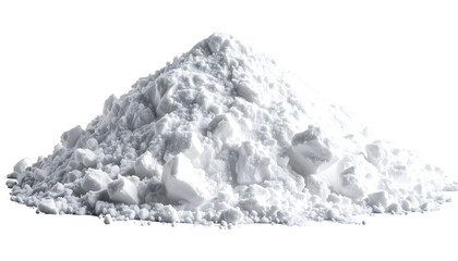 Close-up of a white, textured powder pile on a black background. The substance has a coarse consistency with some irregular shapes
