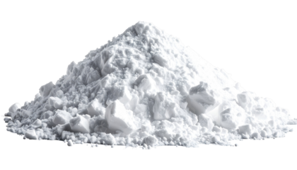Close-up of a white, textured powder pile on a black background. The substance has a coarse consistency with some irregular shapes