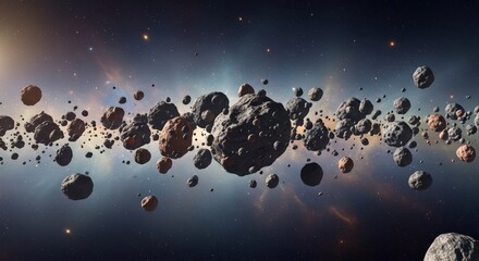 Vast asteroid belt in deep space with rocky celestial bodies