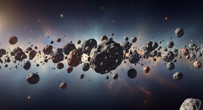 Vast asteroid belt in deep space with rocky celestial bodies