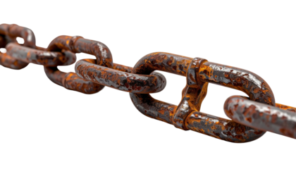 Close-up view of a rusty, metallic chain against a plain black background, showcasing the deterioration of the links