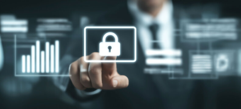 Businessman selecting digital security lock icon ensuring protected access and data encryption measures.