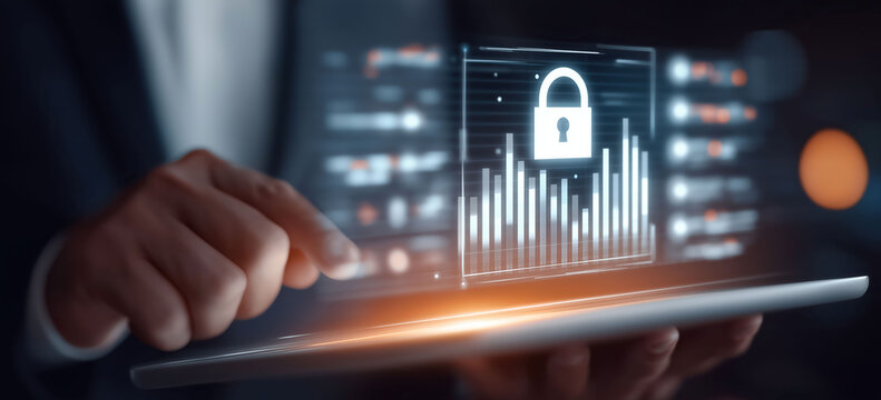 Hand touching tablet displaying secured analytics data protected by encryption lock technology symbol.
