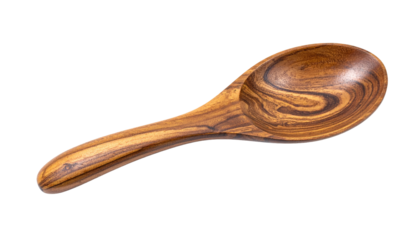 Close-up of a wooden spoon against a black background. The spoon has a curved handle and a rounded bowl, showing wood grain