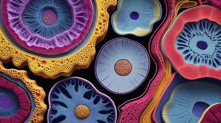 Abstract Colorful Biological Cell Structures and Pathological Tissue Illustration, suitable for medical backgrounds, science education concepts, biotechnology presentations, or artistic biology themes