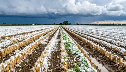 Hailstorm damaged agricultural field with storm clouds on horizon, concept of climate change, extreme weather, crop loss and farm risk.