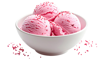 Three scoops of pink dessert with red sprinkles, served in a white bowl, against a black backdrop, with scattered sprinkles around