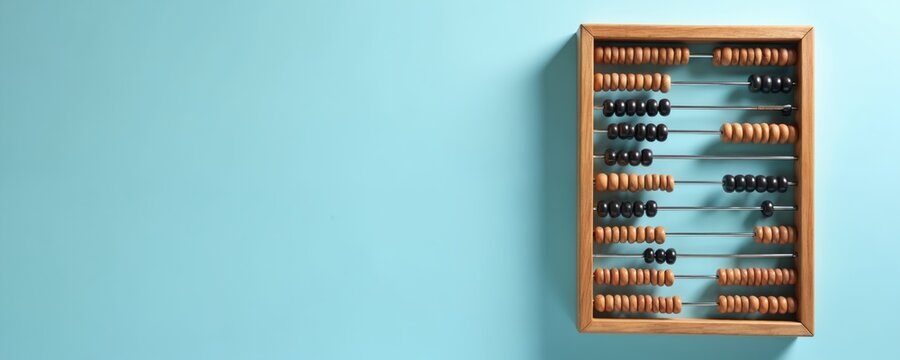 Wooden abacus with beads rests on a blue backdrop. This old calculation tool is viewed from above, representing finance or education concepts. No people are present.